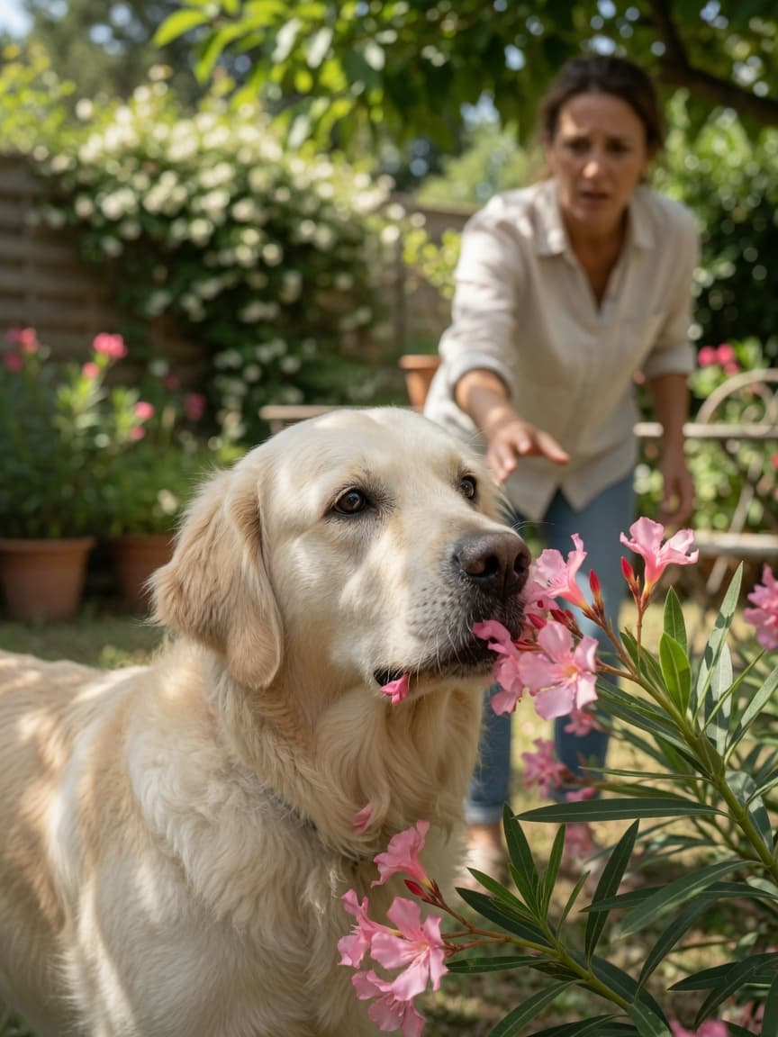 Golden retriever sniffing pink oleander flowers in a garden while owner reaches toward it in concern