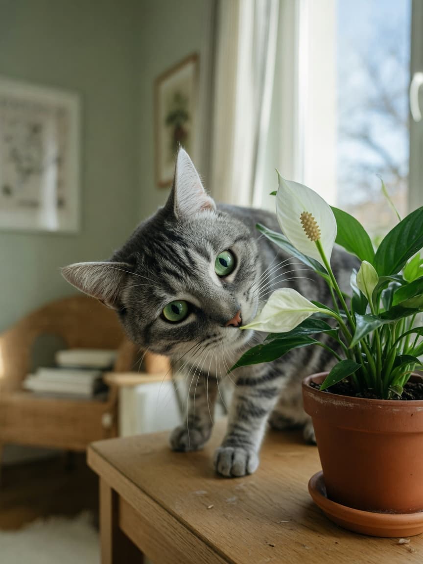 A tabby cat sniffing a potted peace lily plant on a table, showing curious interest in the plant