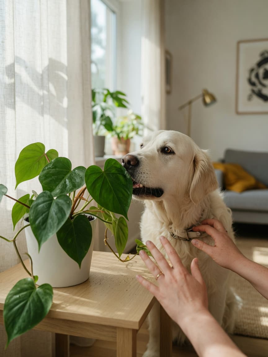Dog about to chew on philodendron plant indoors with owner's hands reaching to prevent contact