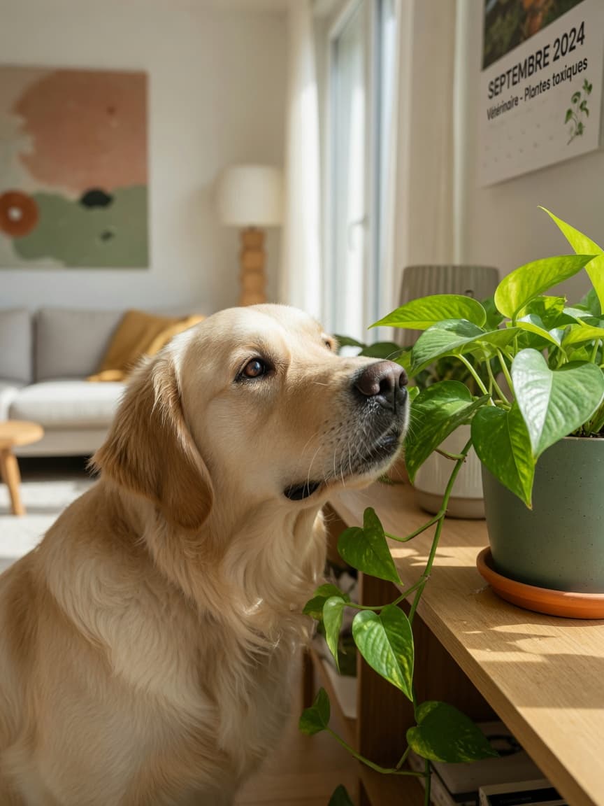 Golden retriever sniffing at a pothos plant on a shelf, demonstrating the common household pet exposure to toxic plants