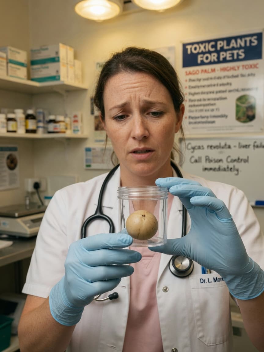 Veterinarian in surgical gloves holding a single sago palm seed in a specimen container under clinic lighting, expression grave and focused on the seed