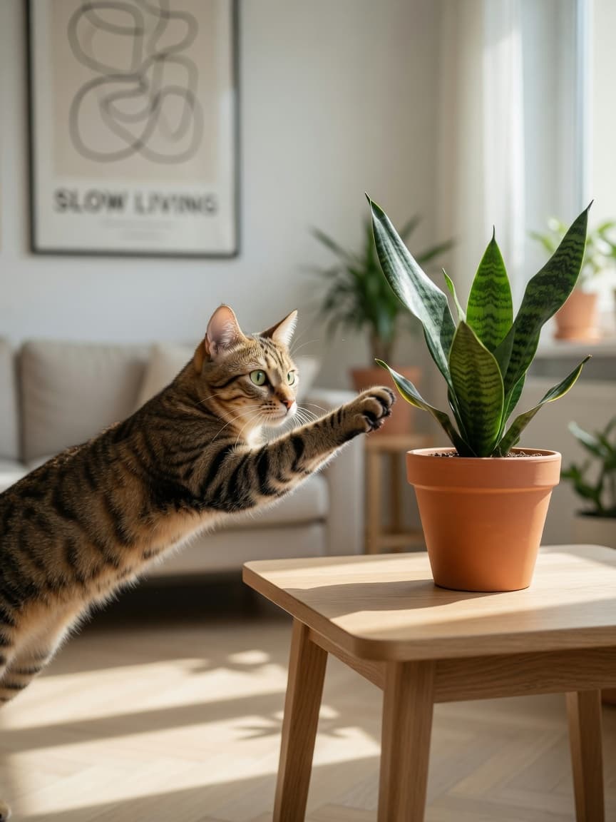 Tabby cat reaching toward a potted snake plant on a low table in a bright living room
