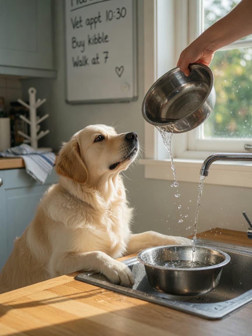 Golden retriever drinking from a water bowl being filled from kitchen tap