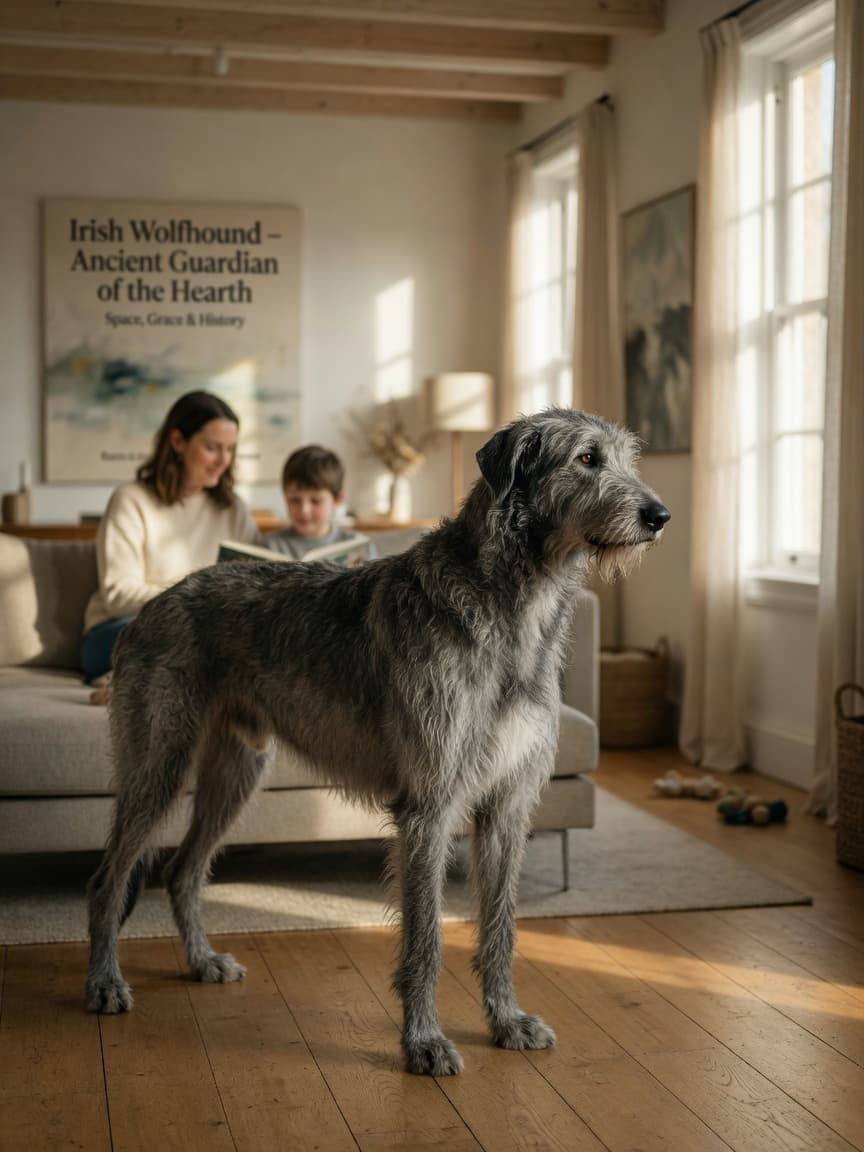 An Irish Wolfhound with a rough grey coat standing calmly in a bright, spacious living room beside a family on a sofa, demonstrating the breed's gentle nature and impressive size.