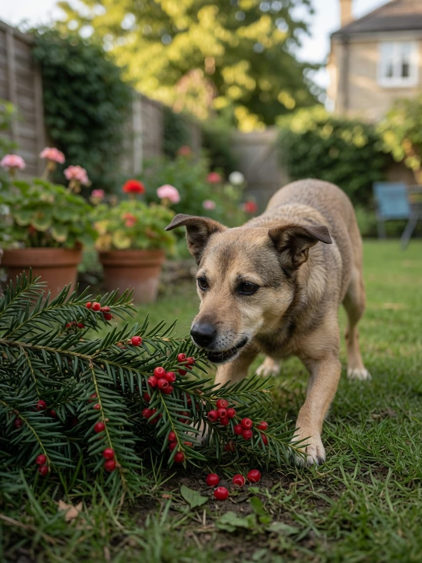 Dog sniffing dangerous yew shrub with dark green needles and red berries in a residential garden