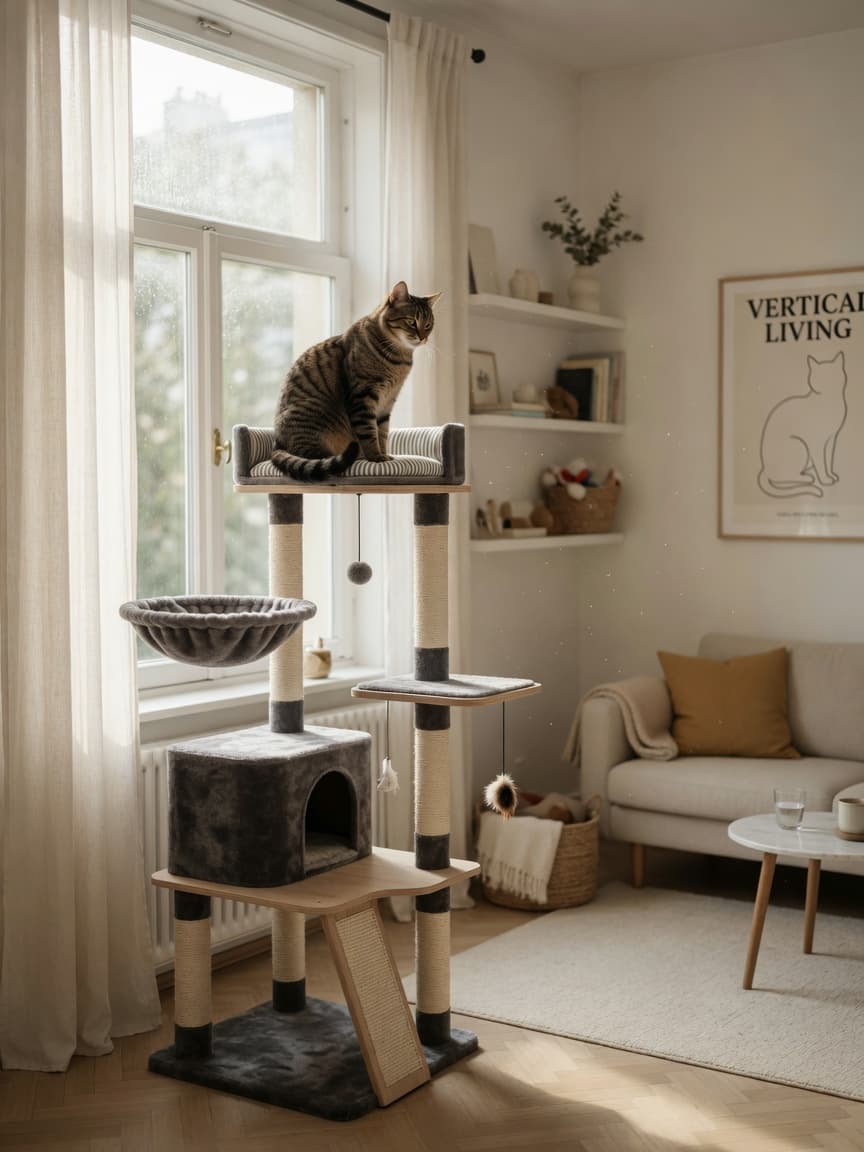 A tabby cat sitting on an elevated cat tree platform beside a bright window in a compact, well-organized apartment