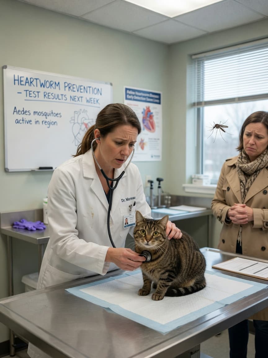 Veterinarian examining a tabby cat's heart and lungs with stethoscope during heartworm screening in clinic