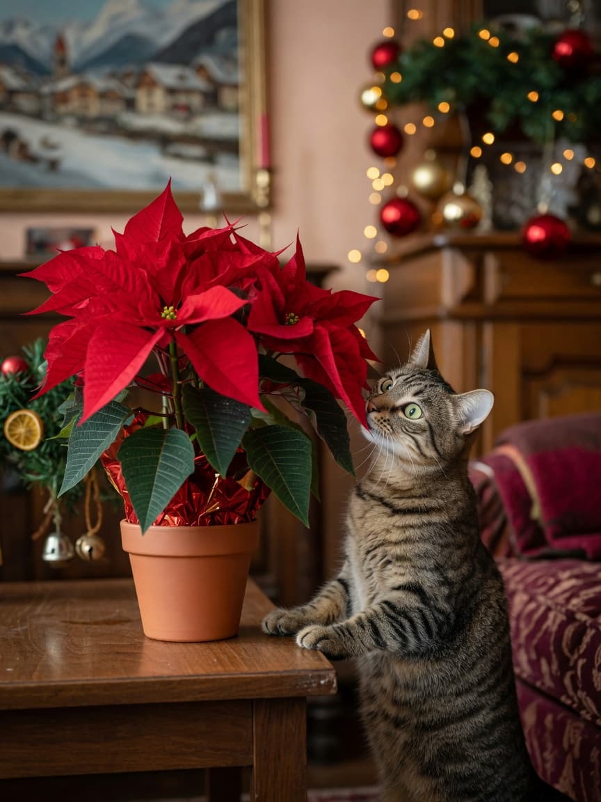 Curious tabby cat investigating a red poinsettia plant on a table