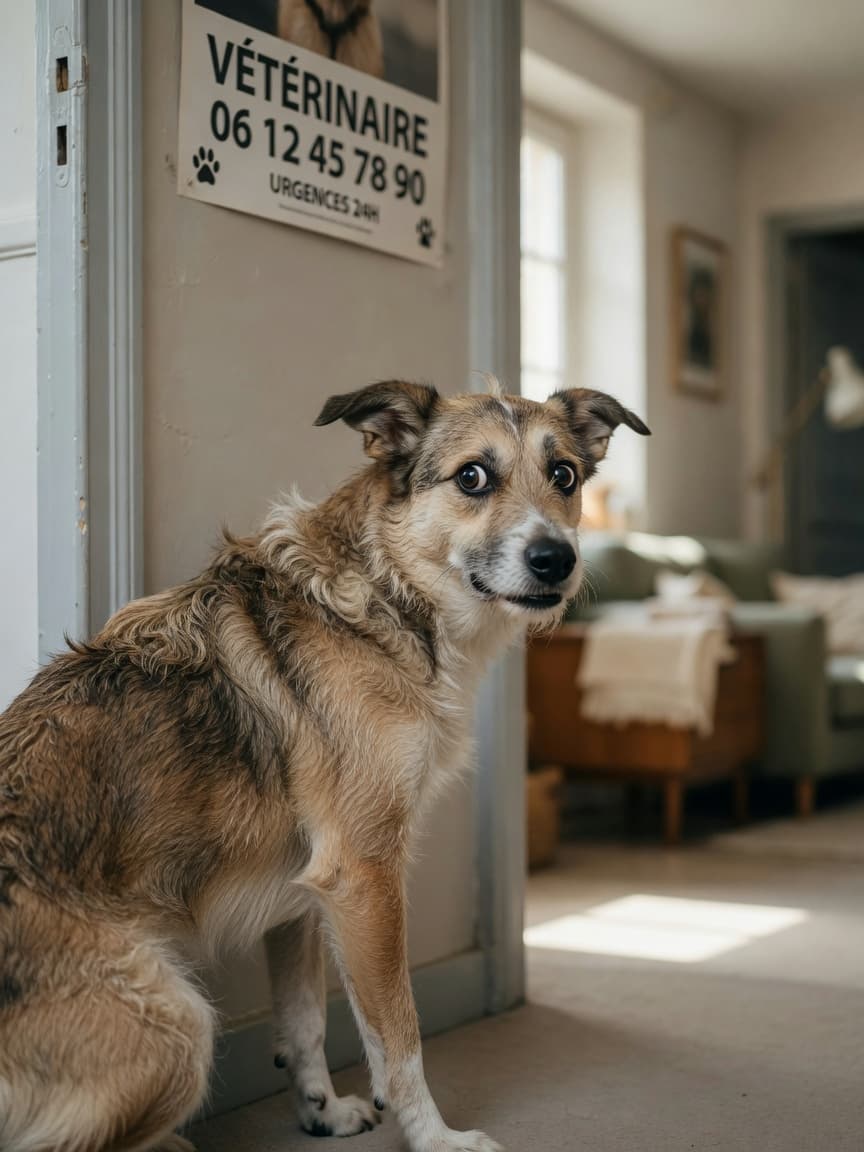 A visibly stressed dog with tense posture, pulled-back ears, and worried expression, sitting in a home interior with natural window lighting