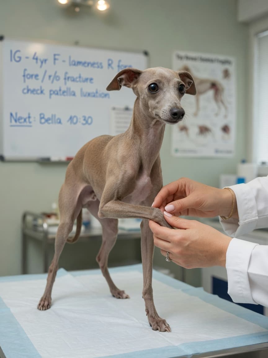 Italian Greyhound undergoing veterinary examination for fracture assessment