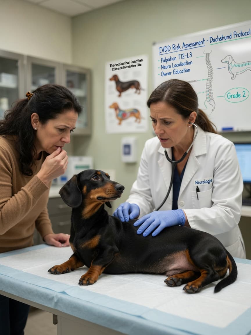 Veterinarian examining a dachshund's spine during a neurological assessment for IVDD