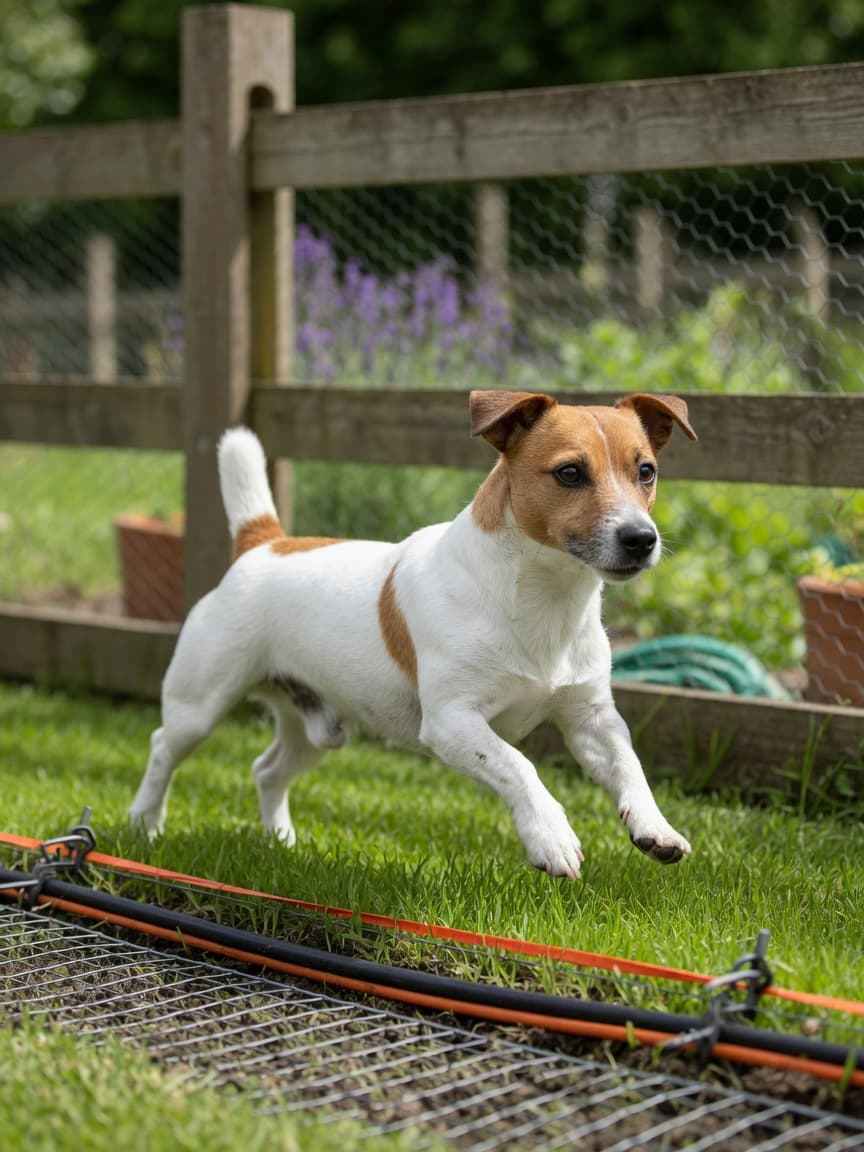 Energetic Jack Russell Terrier with white and tan coat standing alert in a secure garden with fencing, demonstrating the breed's characteristic compact build and intense working nature.