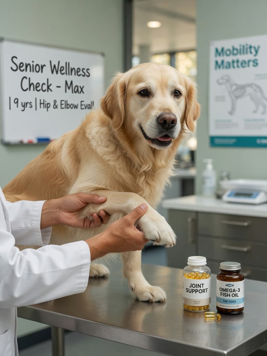 Veterinarian examining a dog's joint during osteoarthritis assessment in a clinical setting with joint supplement bottles visible