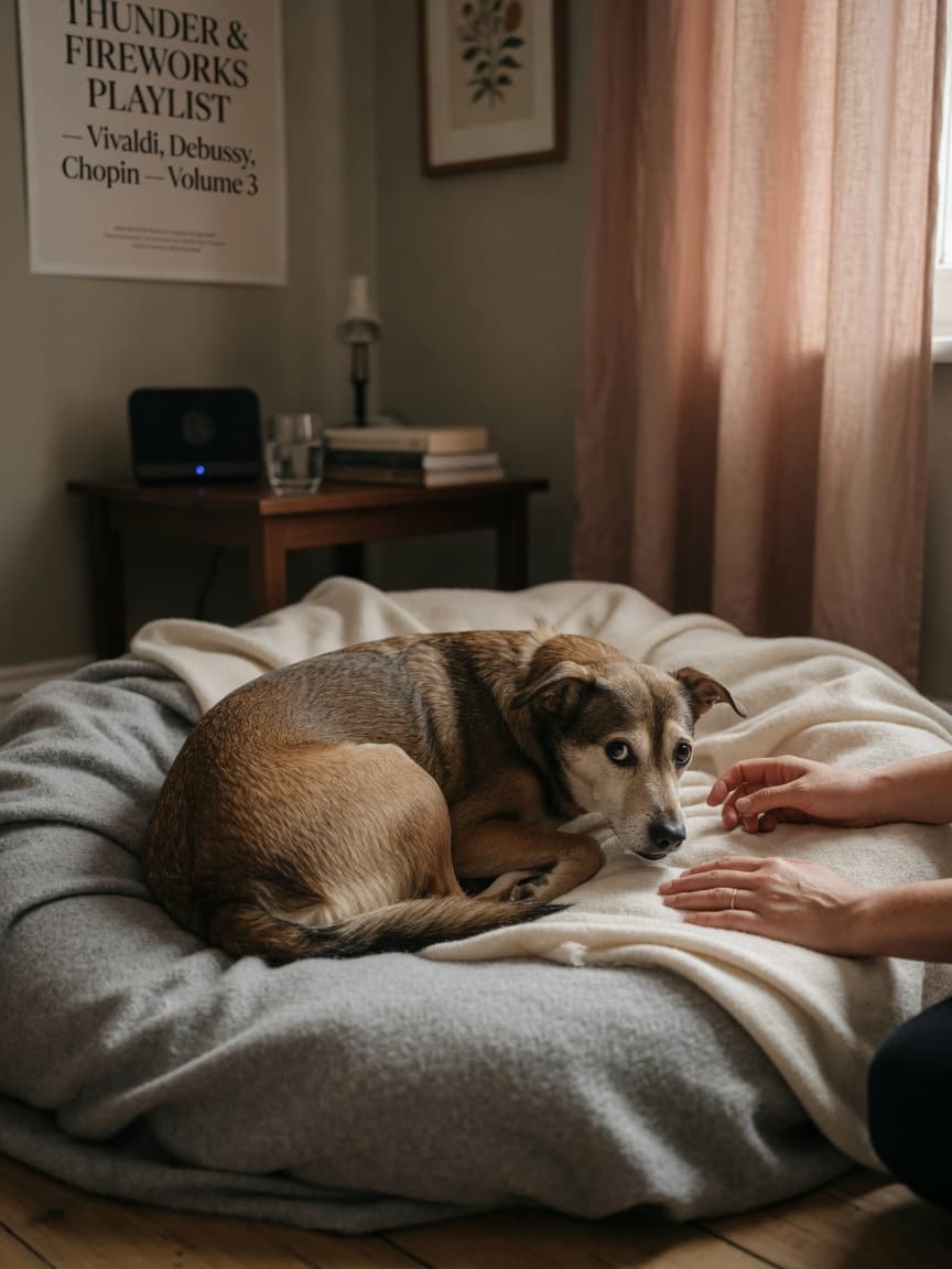 Anxious dog on safe bed with closed curtains seeking comfort during fireworks or thunderstorm