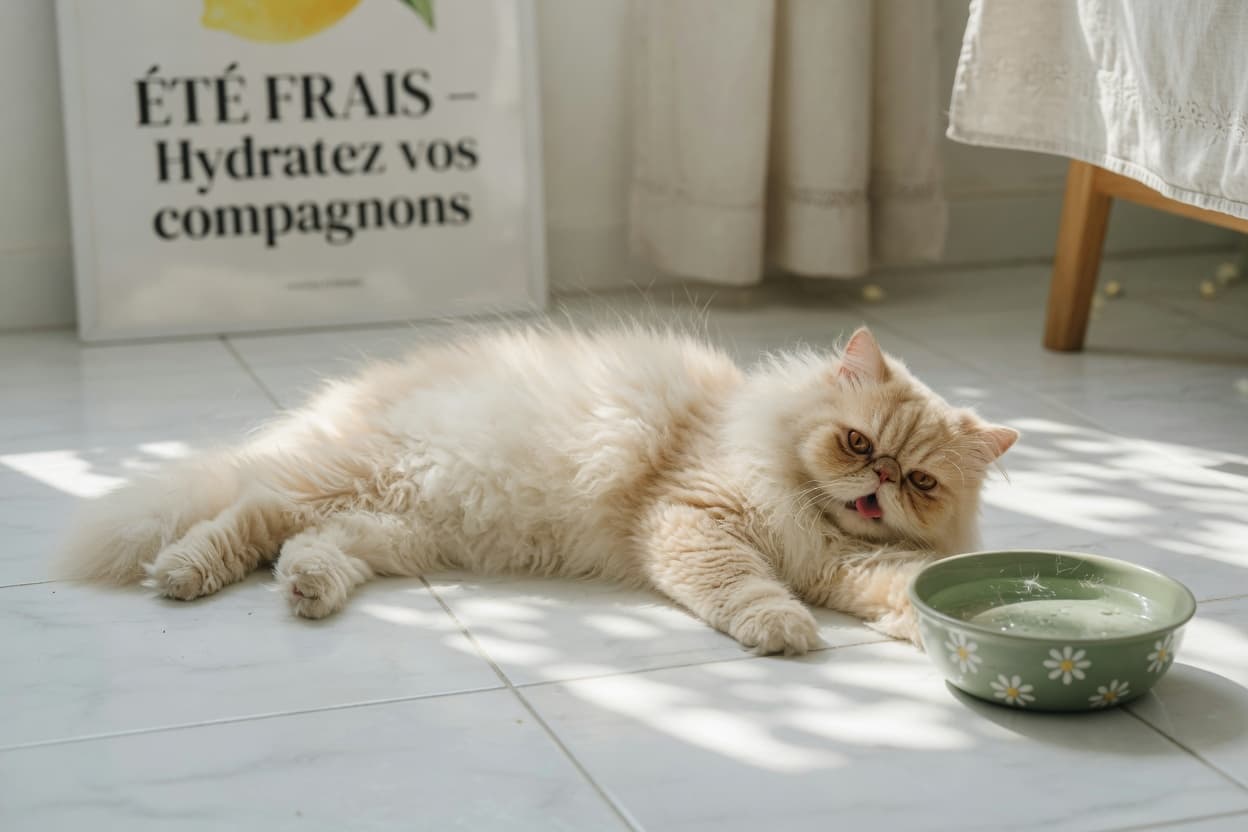 A flat-faced Persian cat with cream and white fur lying on cool ceramic tiles near a water bowl on a hot summer day