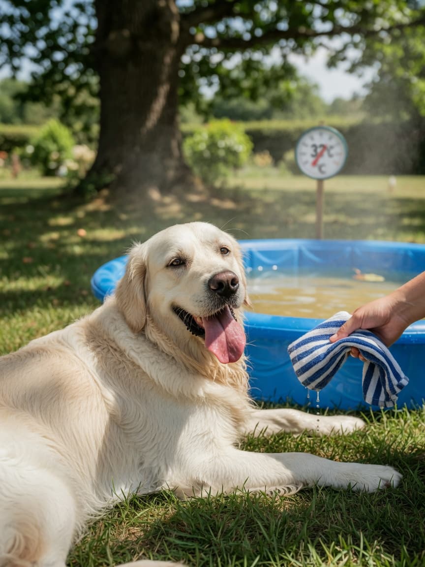 Golden Retriever panting in summer heat lying on grass beside a paddling pool in a shaded garden on a hot afternoon