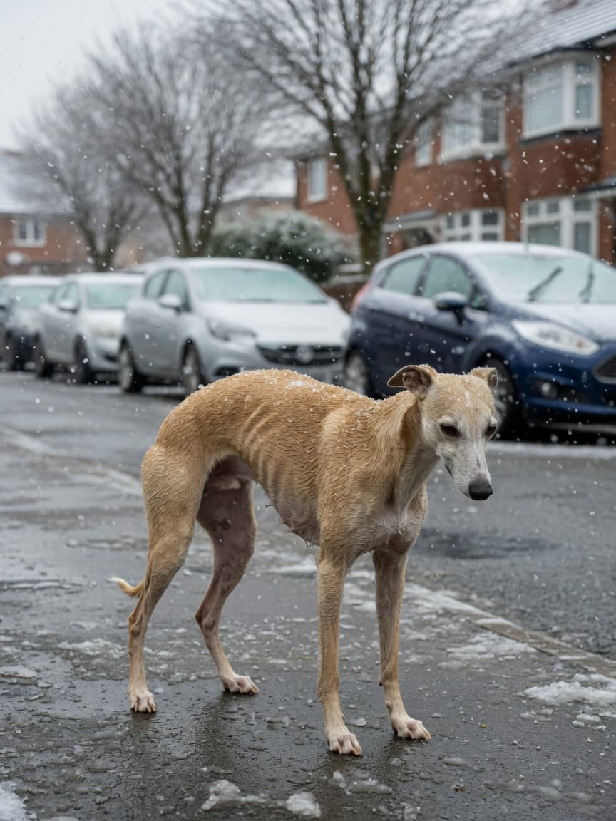 A shivering short-coated Whippet standing in winter snow without a protective coat, showing visible signs of cold discomfort on a frosty UK street