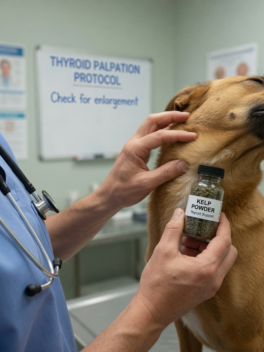 Veterinarian examining a dog's thyroid gland while holding a bottle of kelp supplement during a clinical assessment.