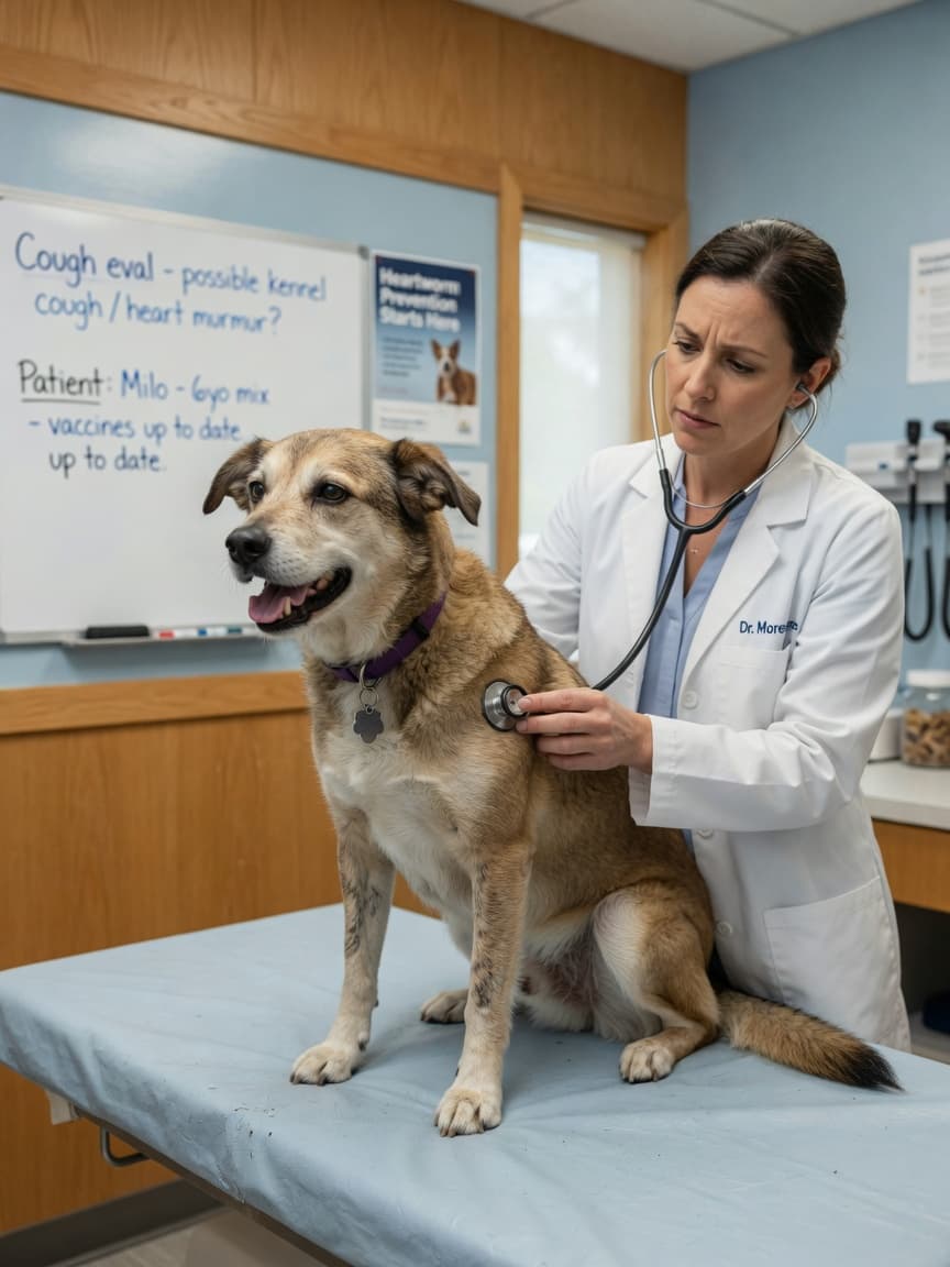 Veterinarian examining a coughing dog's chest with stethoscope during clinic visit for kennel cough evaluation