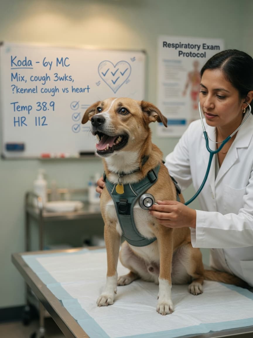 Veterinarian examining a coughing dog with a stethoscope during a kennel cough diagnosis visit