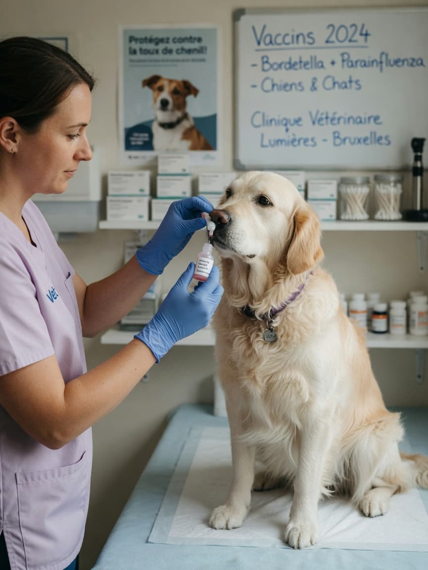 Veterinarian administering intranasal kennel cough vaccine to a Golden Retriever in a modern clinic