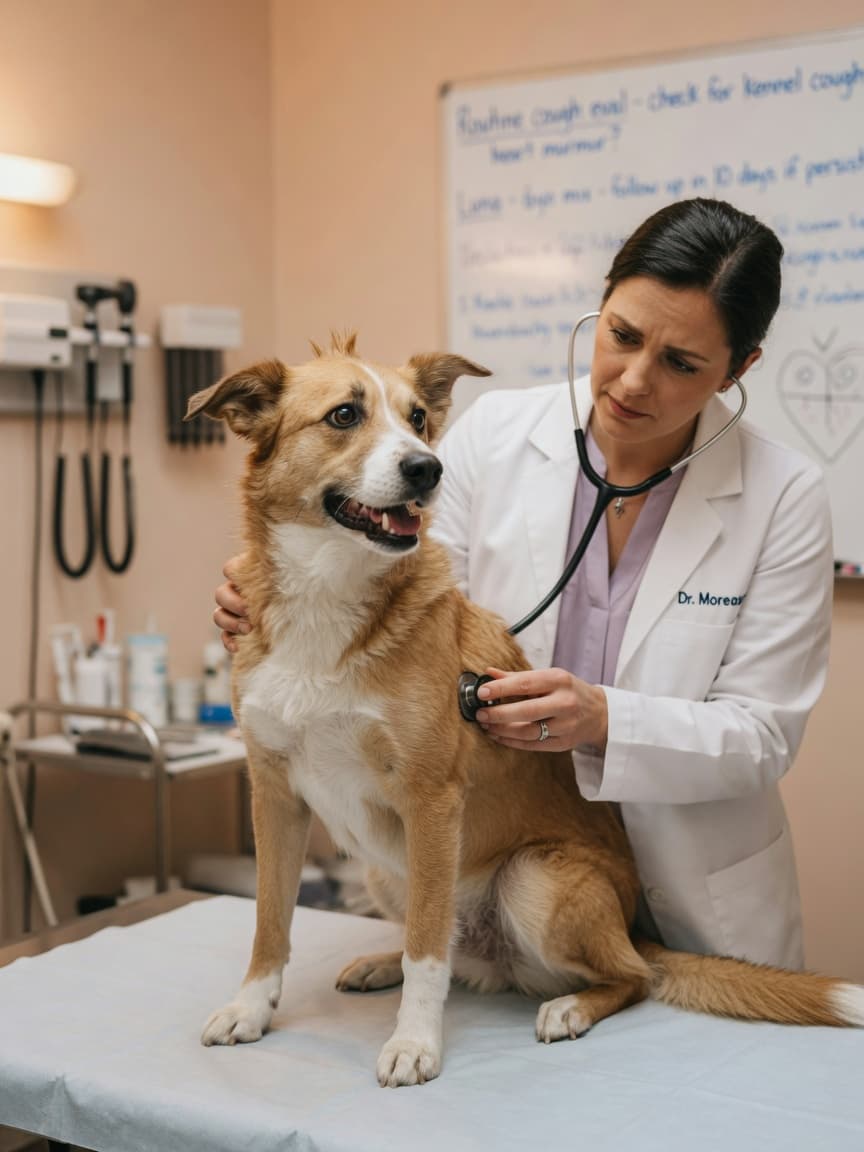 Veterinarian examining a dog's chest with stethoscope during kennel cough evaluation
