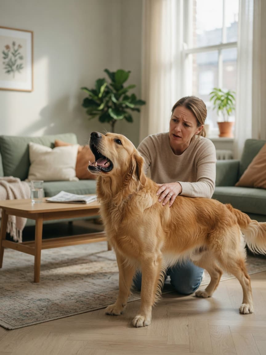 Golden retriever coughing with worried owner observing at home