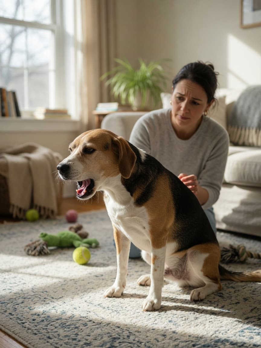 A dog mid-cough in a home setting, looking alert, with owner nearby and natural daylight from windows