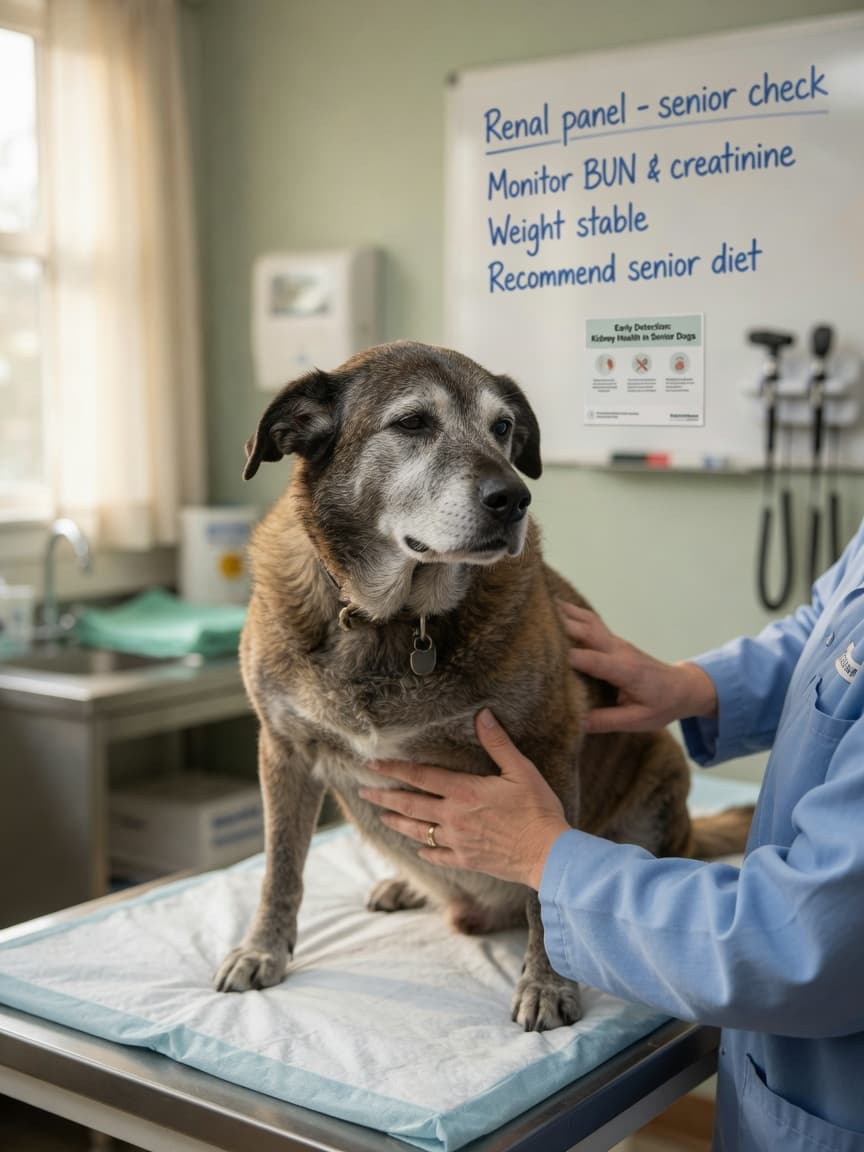 Senior dog at veterinary examination table during kidney health assessment, vet's hands gently examining the dog with compassionate care