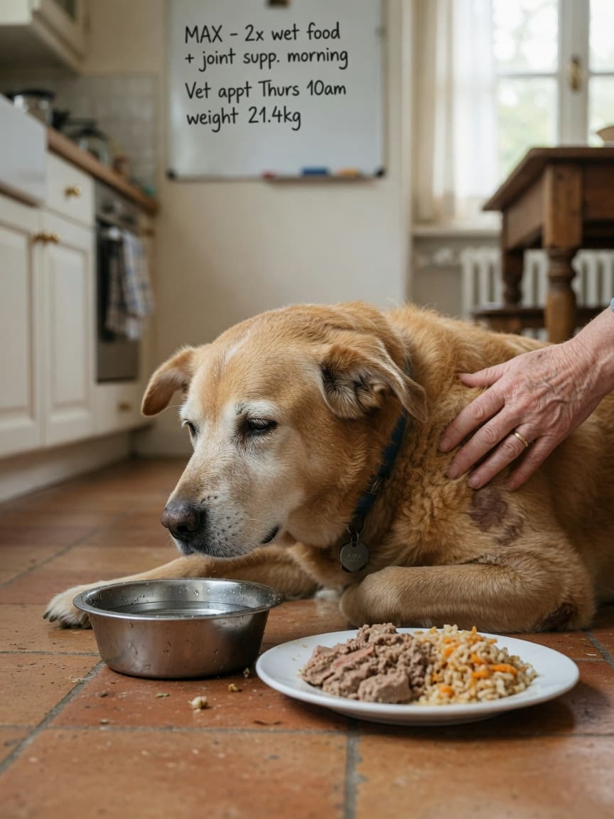 Senior dog resting beside water bowl and wet food, owner's hand gently touching the dog's back in a warm, caring moment