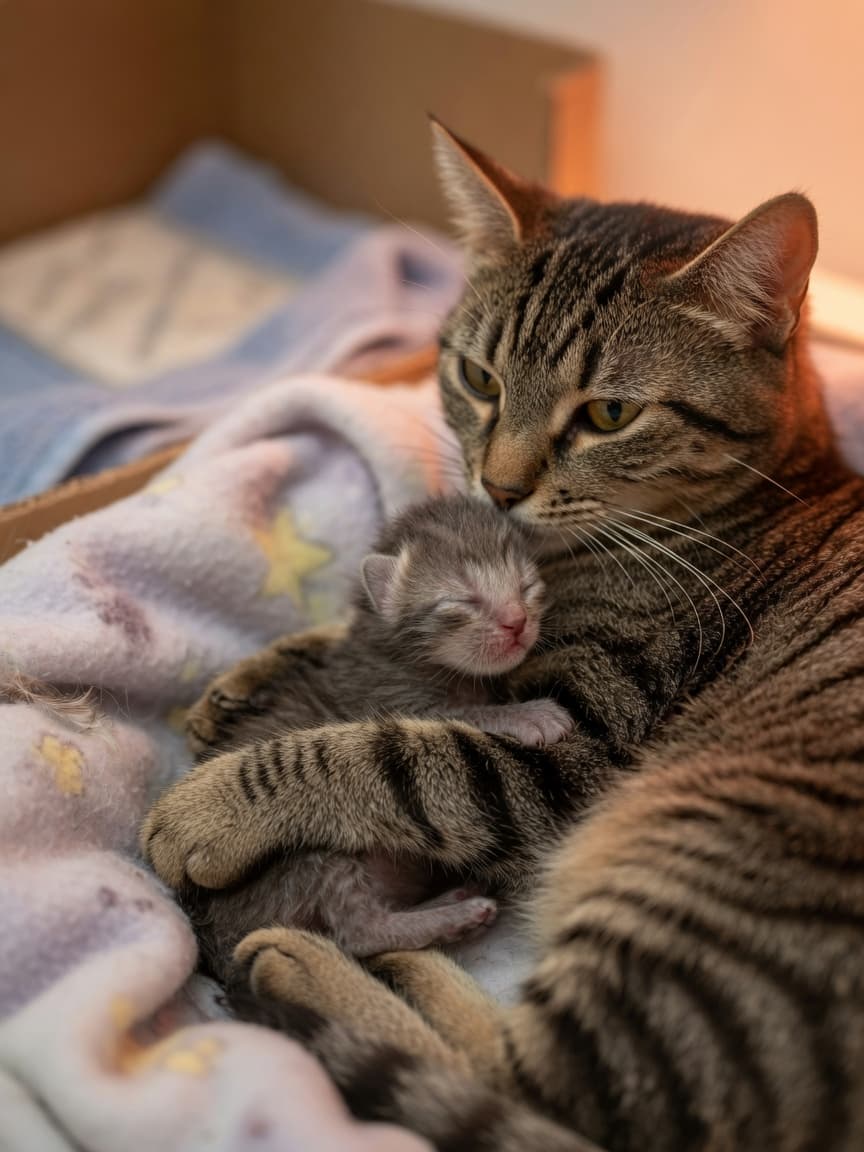 Newborn kitten with sealed eyes nestled against mother cat's fur in a warm nesting box