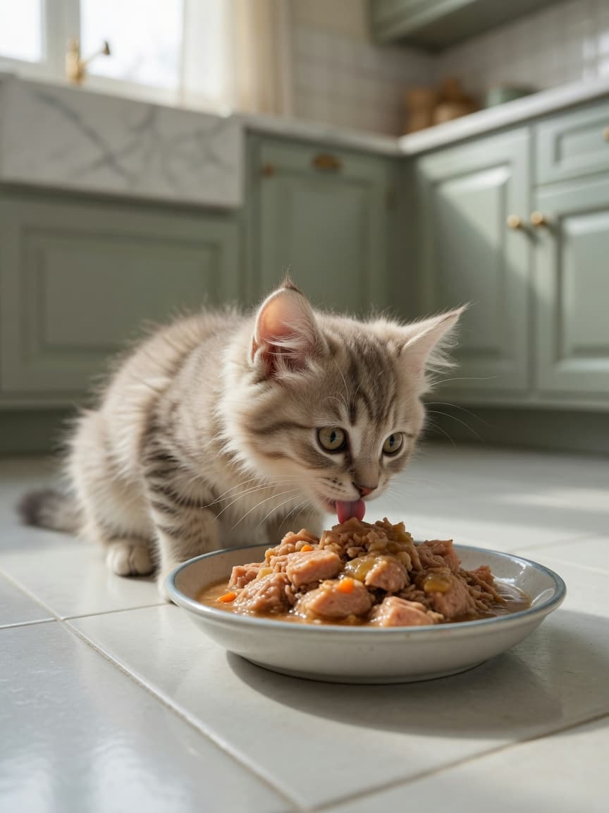 Young kitten eating wet food from a ceramic bowl on a kitchen floor with natural window light
