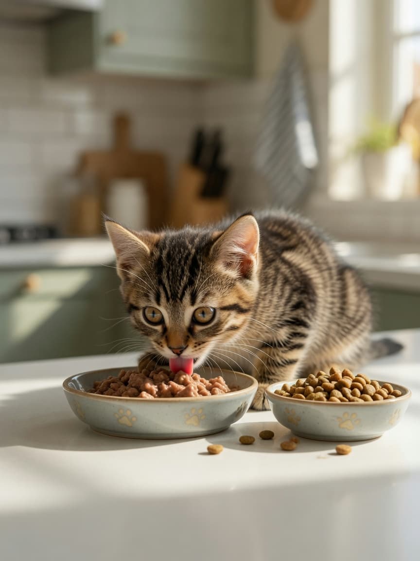 Young tabby kitten eating wet food from a dish with dry kibble beside it on a kitchen counter