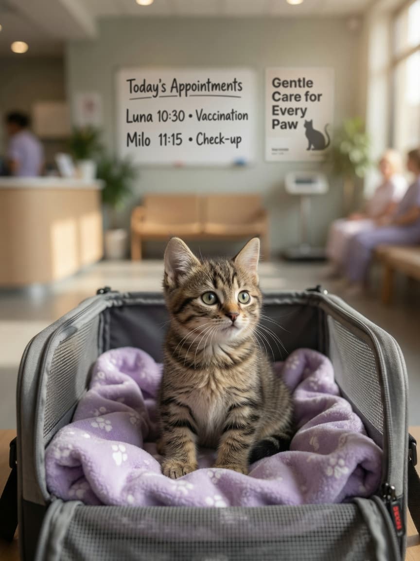 A young tabby kitten sitting in a secure pet carrier with a soft blanket inside, looking calm but slightly anxious in a veterinary clinic waiting room.