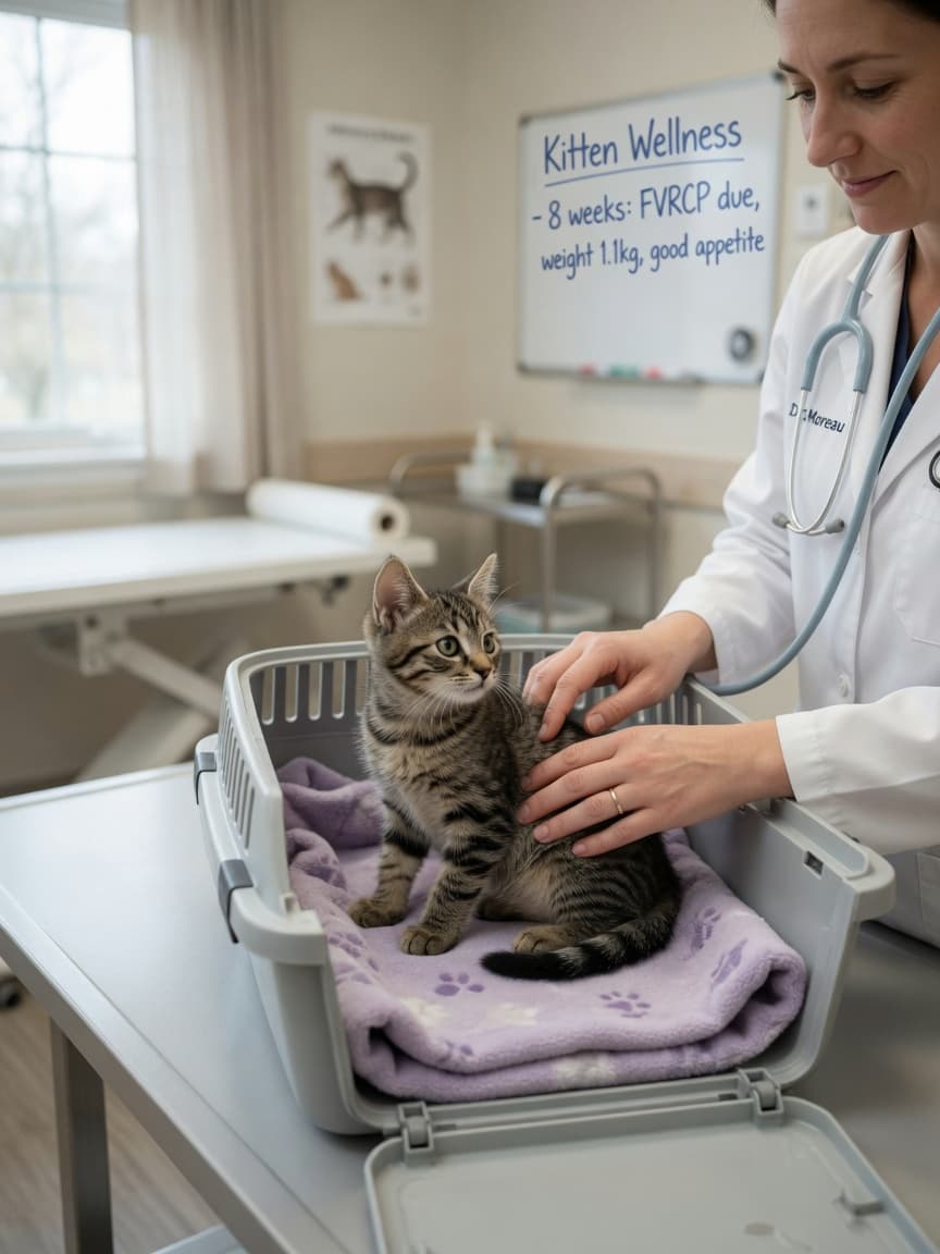 Young tabby kitten receiving a gentle physical examination from a veterinarian in a bright, calm clinic setting