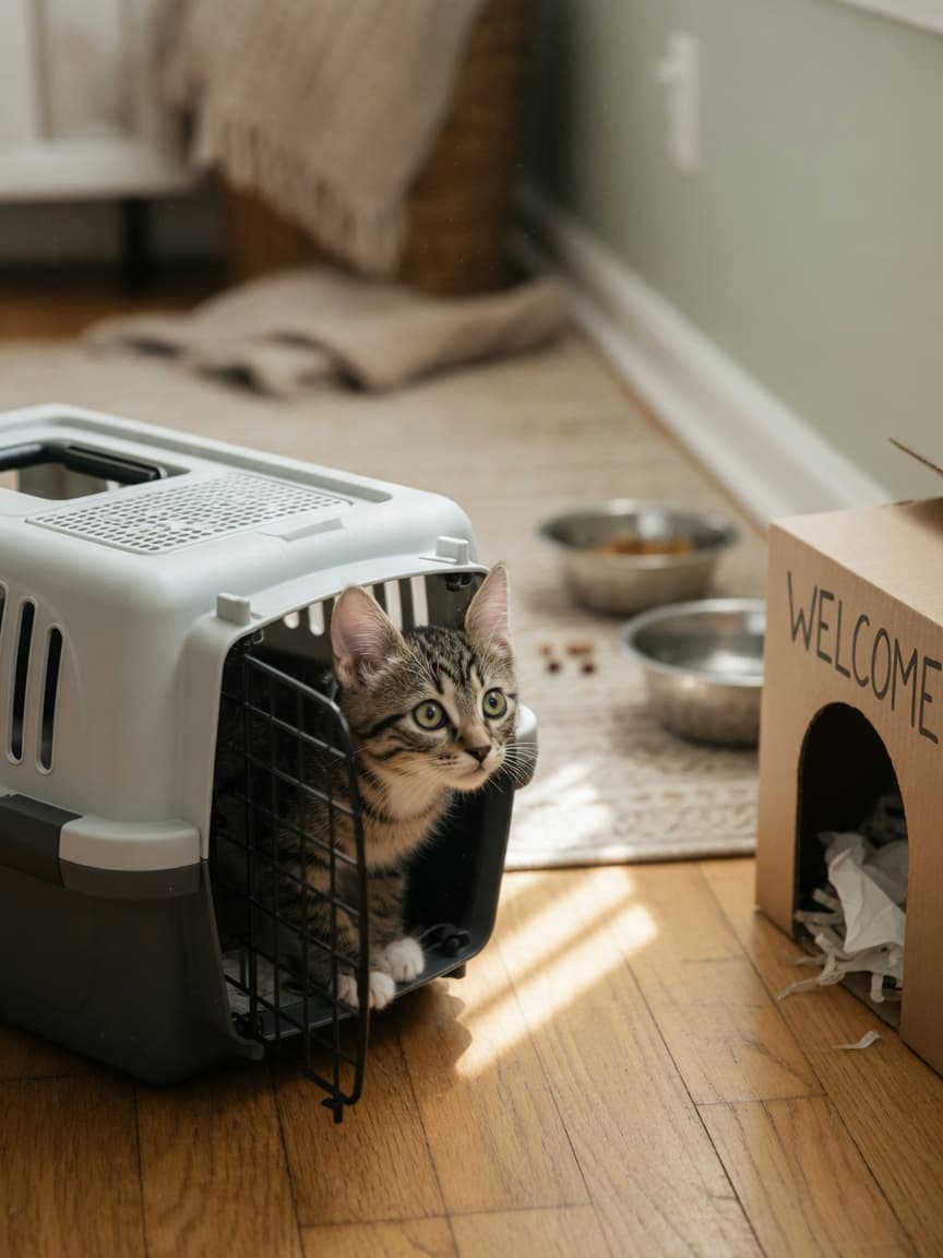 Kitten emerging from pet carrier in a safe room on arrival day