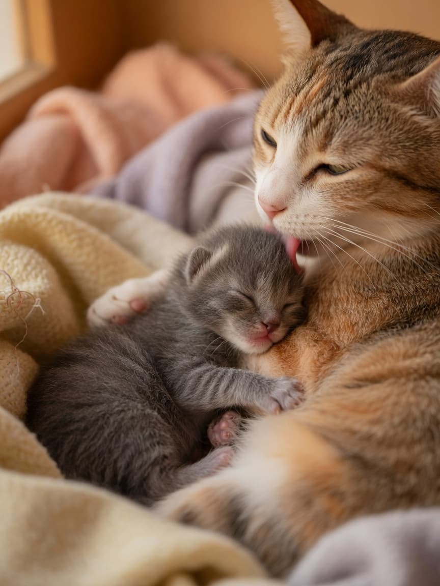 Newborn kitten nestled against mother cat in a soft nest box, showing the neonatal stage of development