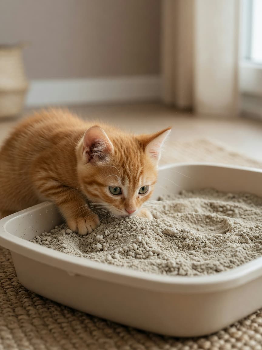 Orange tabby kitten sniffing inside a low-sided litter box with fresh clay litter