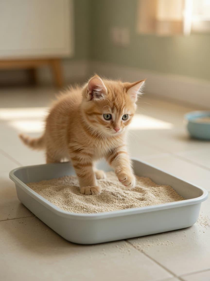 Young orange tabby kitten stepping into a low-sided litter box for the first time