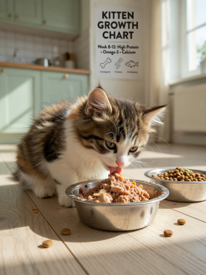 Kitten eating from a bowl with wet and dry food nearby on a kitchen floor