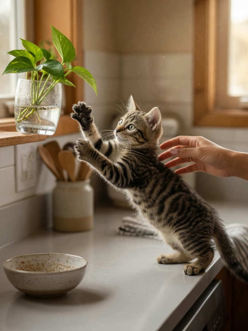 Curious tabby kitten with green eyes reaching toward a potted plant on a kitchen counter while a woman's hand gently redirects it away