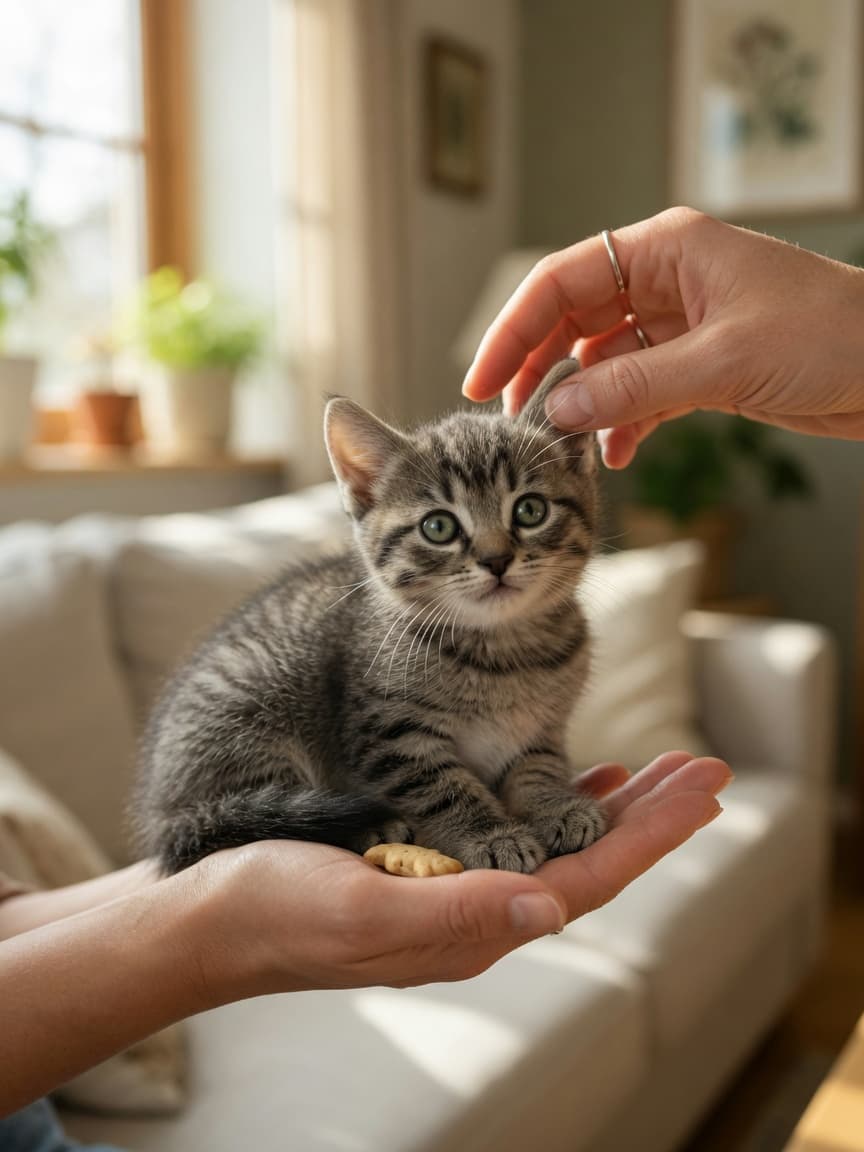 Young tabby kitten being gently handled on an adult's palm, demonstrating positive socialization touch during early development