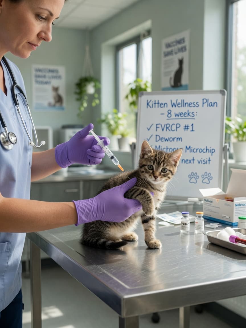 Veterinarian administering a vaccine injection to a tabby kitten on an examination table in a modern veterinary clinic