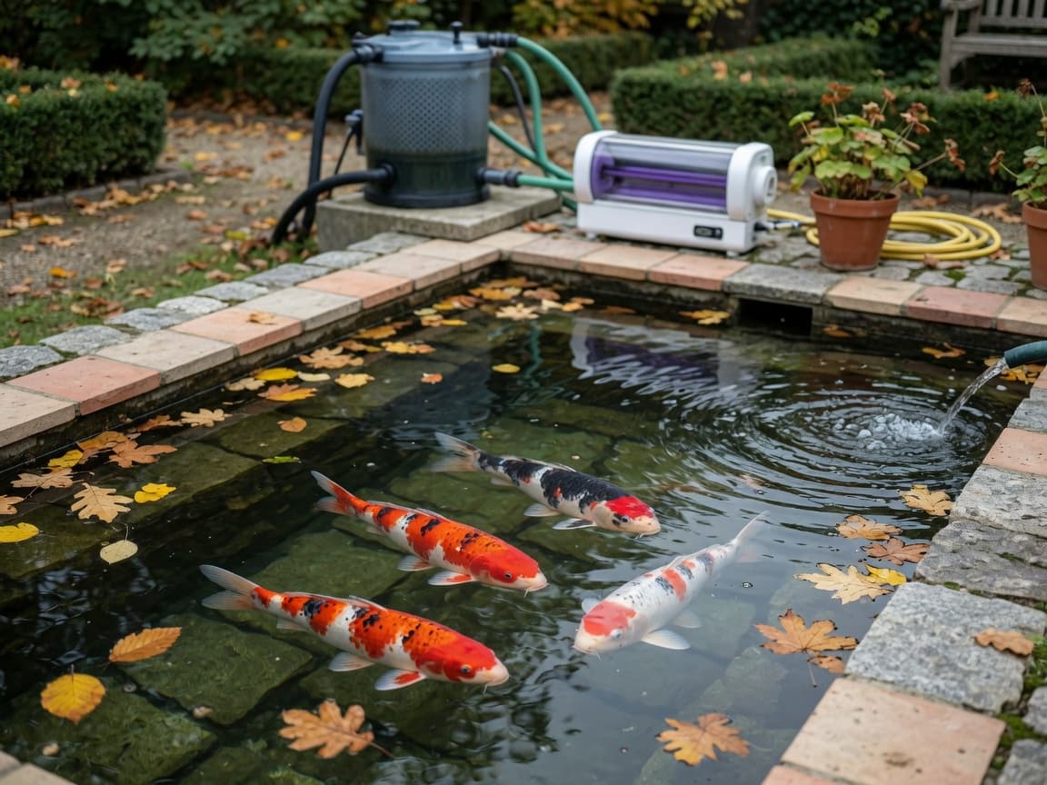 Overhead view of a deep koi pond in a European garden with vibrant koi fish swimming in clear water, pond aerator visible, and filtration equipment at the edge