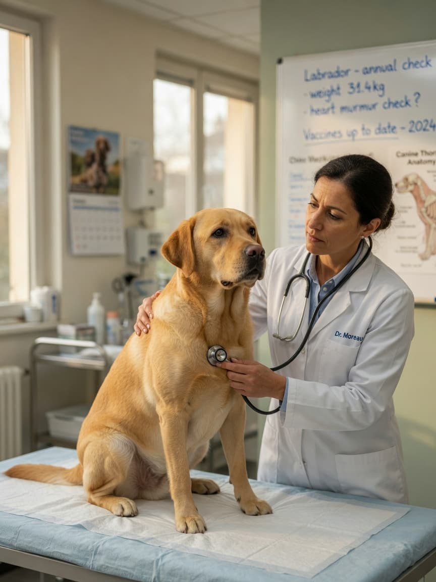 A yellow Labrador Retriever being examined by a veterinarian with a stethoscope in a bright clinic setting