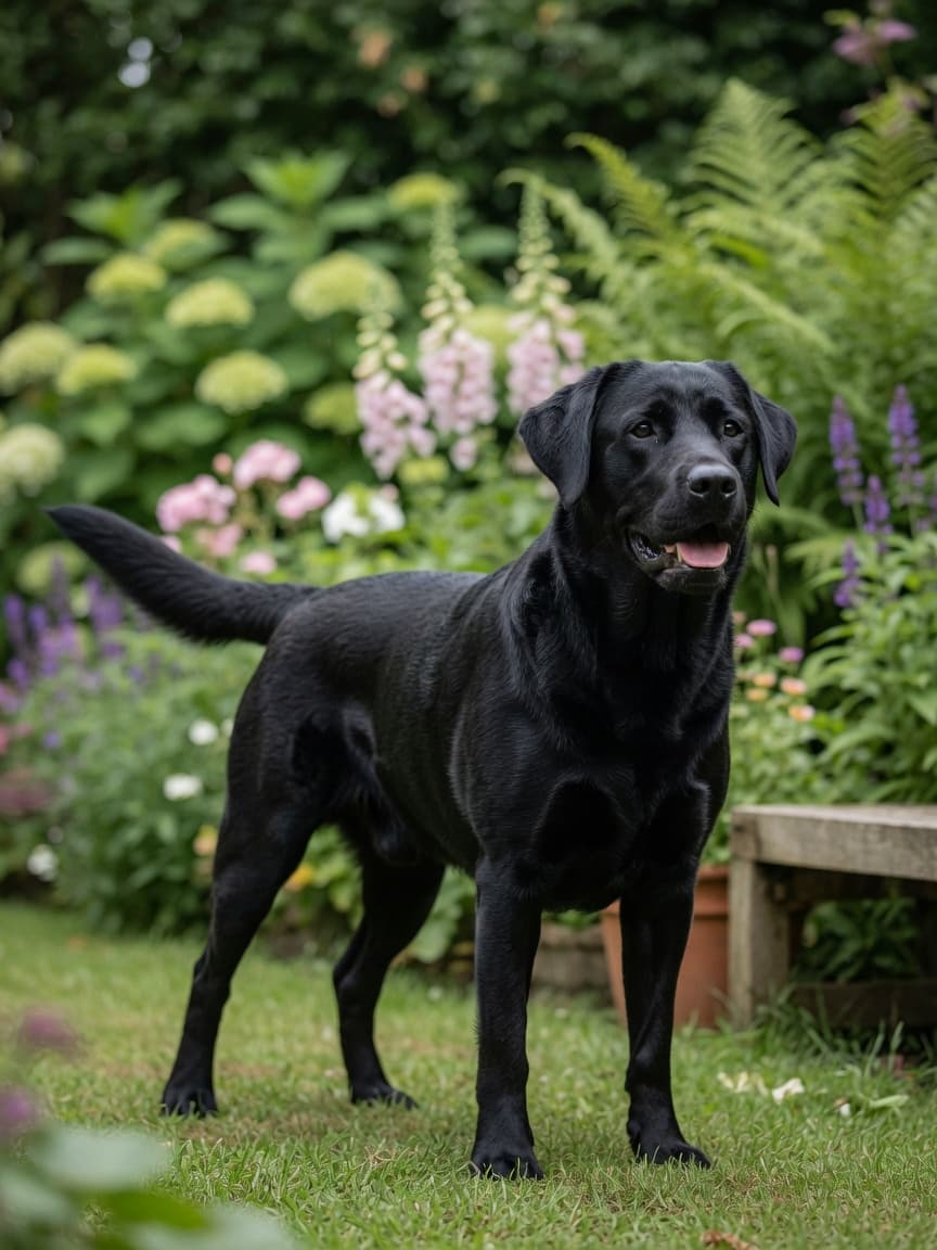 Black Labrador Retriever standing in garden, showing breed's broad skull, kind eyes, and characteristic otter tail