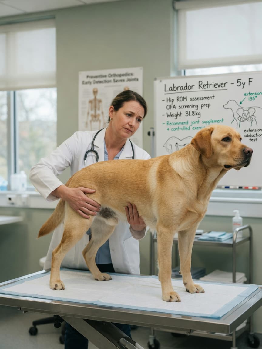 Veterinarian palpating Labrador Retriever's hip joint during orthopedic examination