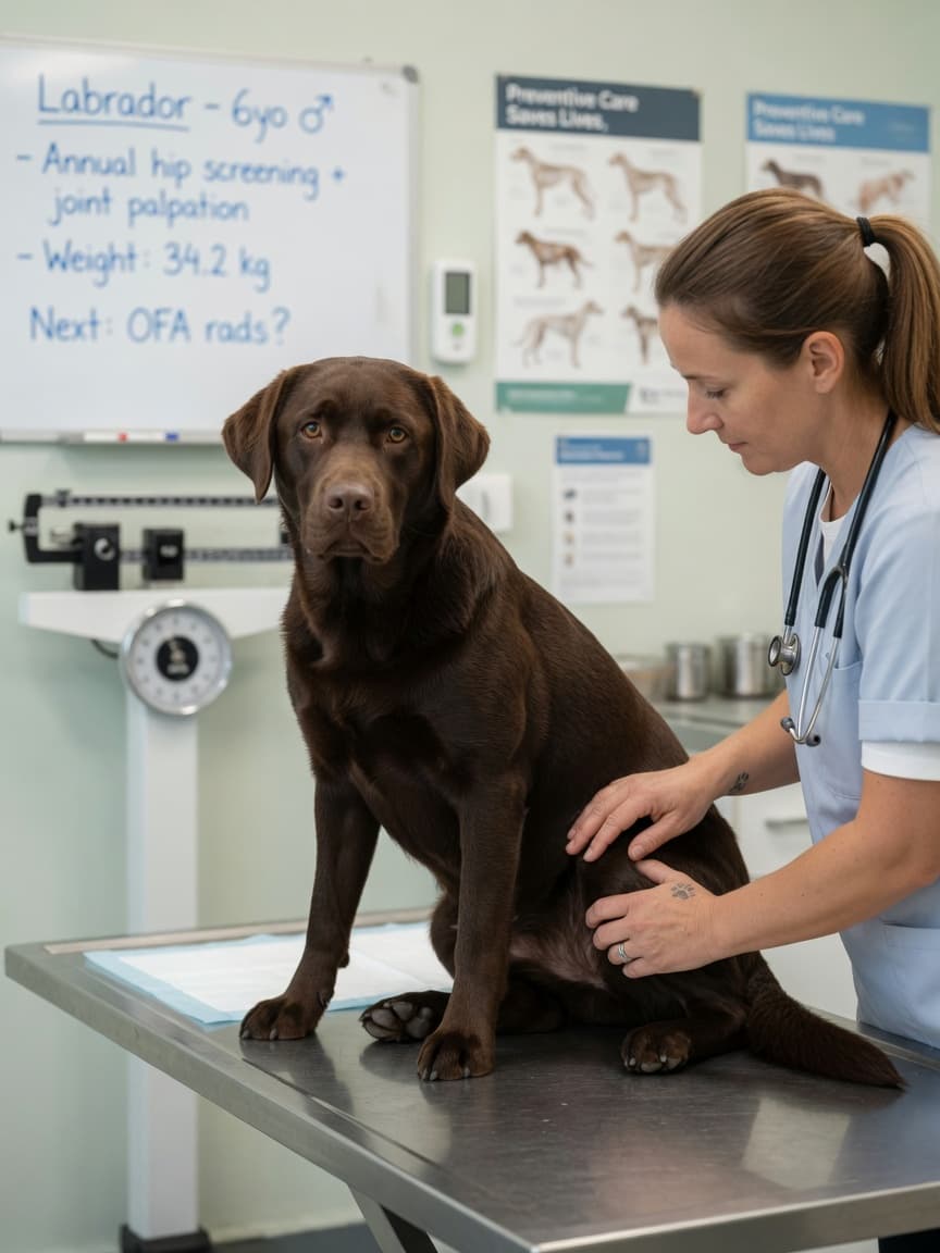 Veterinarian examining a chocolate Labrador Retriever's hip joint during a health assessment