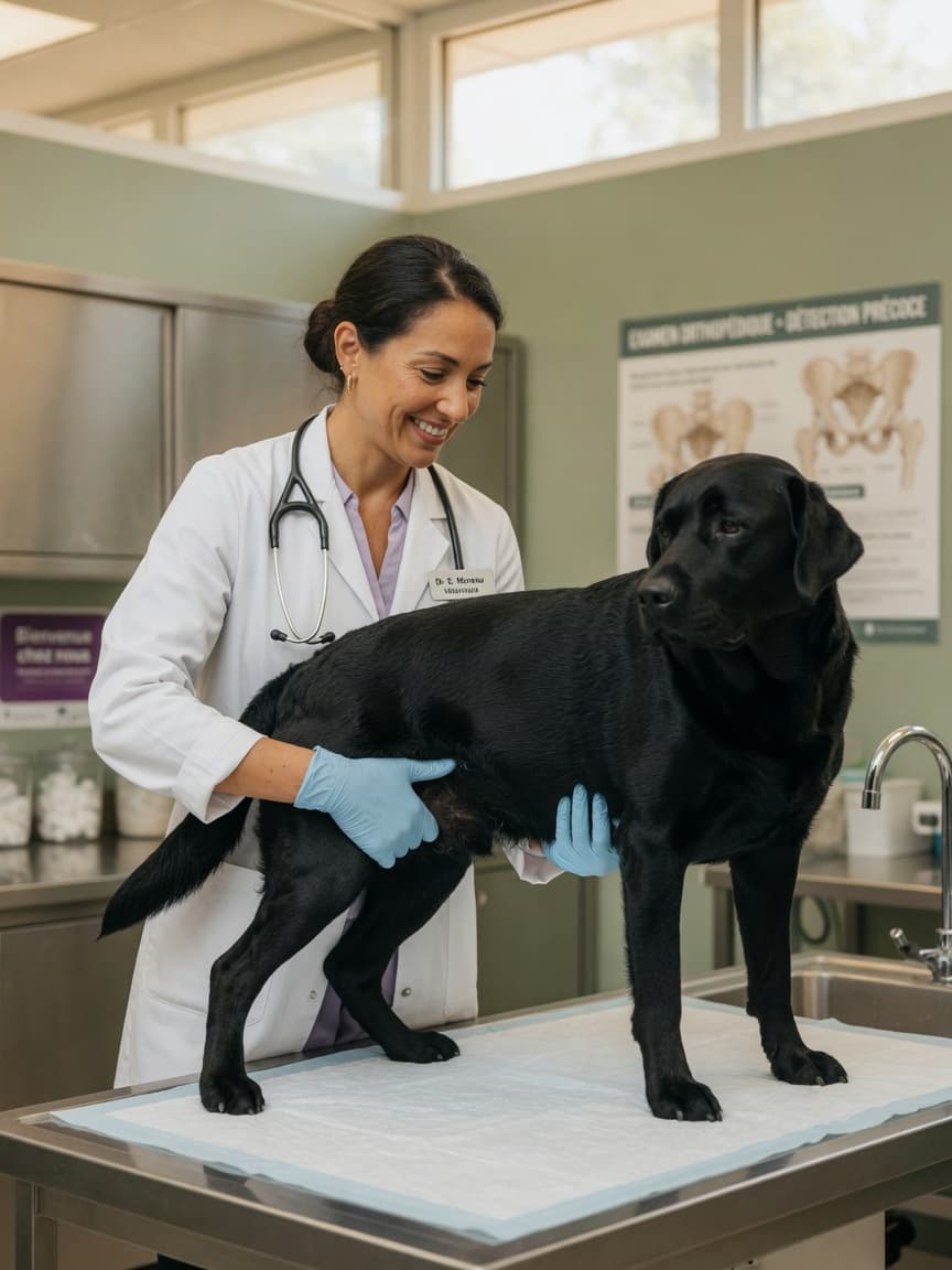 Veterinarian performing hip joint examination on a healthy black Labrador during physical check-up
