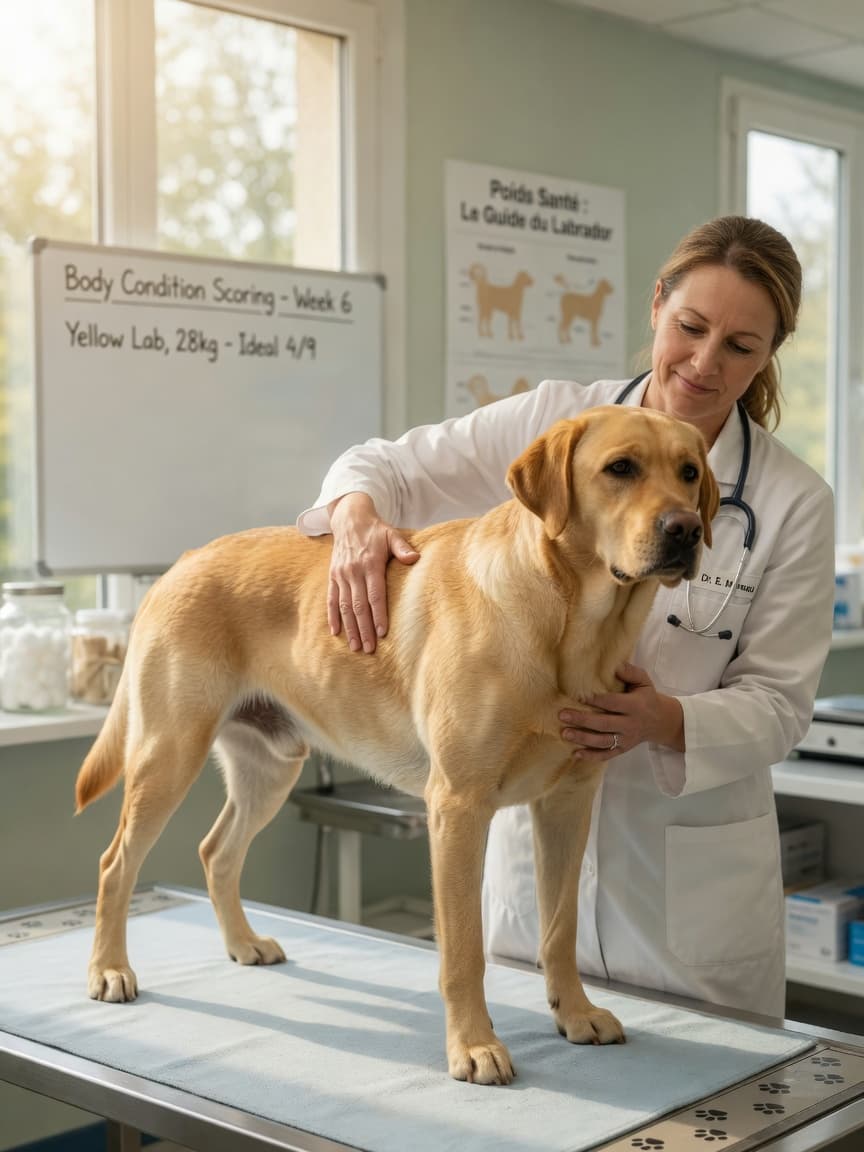 Veterinarian performing body condition assessment on a healthy yellow Labrador Retriever during a weight management consultation
